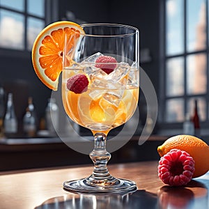 Yellow cocktail in a glass decorated with orange and malaya photo