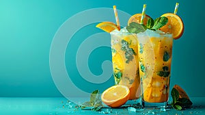 Yellow cocktail with lemon and ice on a simple blue background with copyspace.