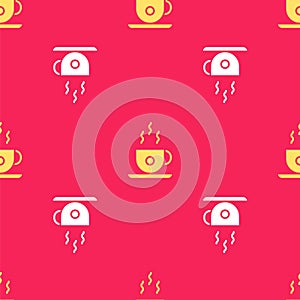 Yellow Coffee cup icon isolated seamless pattern on red background. Tea cup. Hot drink coffee. Vector Illustration