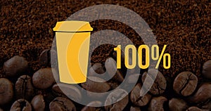 A yellow coffee cup icon rests on a bed of coffee beans