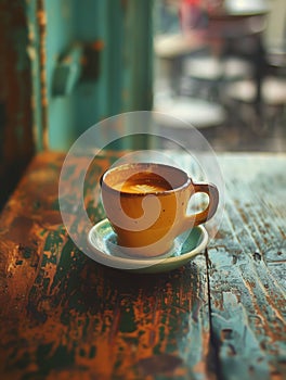 A yellow coffee cup sits on a saucer on a wooden table