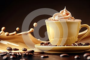 Yellow coffee cup with whipped cream and dynamic coffee splash