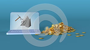 Yellow coins and mining laptop.