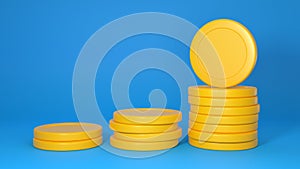 Yellow coins stacks on blue background. Financial growth illustration. 3D rendered image.