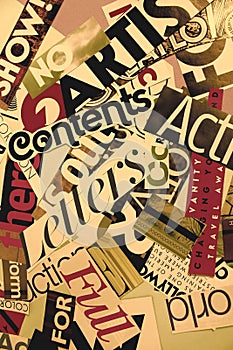 Yellow collage of words on a mood board. bright atmospheric background of words and letters cut out from a magazine.