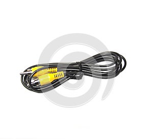 Yellow color audio video to camera connector cable on white background