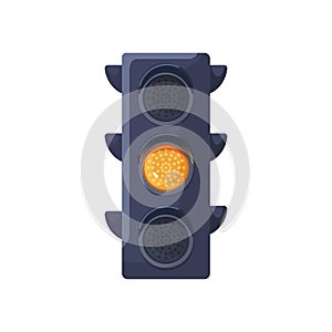 Yellow color signal on traffic light. Led lamp with warning sign on street semaphore. Electric stoplight for road rules