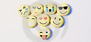 Yellow color various emotions emoji on white background with selected focus on object