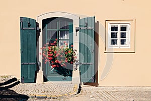 Yellow wall and green door with blooming flowers in Prague, Czech