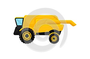 Yellow combine harvester. Agricultural machinery. Large farming vehicle. Flat vector element for promo poster or banner