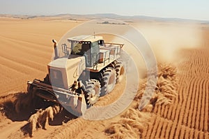 Yellow combine harvester harvests in a wheat field, aerial view