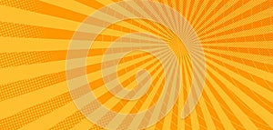 Yellow comic background with sun burst and dotted, halftone pattern.
