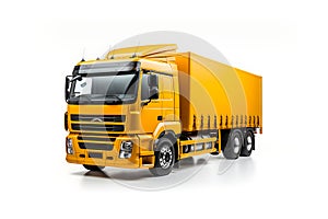 Yellow commercial Industrial cargo delivery truck isolated on white background. Copy space. Generative Ai