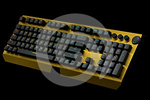 Yellow computer keyboard with rgb colors isolated on black background.