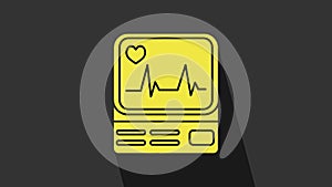 Yellow Computer monitor with cardiogram icon isolated on grey background. Monitoring icon. ECG monitor with heart beat