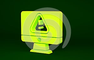 Yellow Computer monitor with exclamation mark icon isolated on green background. Alert message smartphone notification