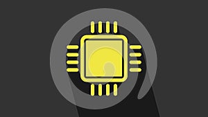 Yellow Computer processor with microcircuits CPU icon isolated on grey background. Chip or cpu with circuit board. Micro