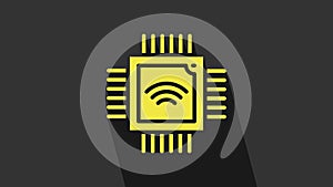 Yellow Computer processor with microcircuits CPU icon isolated on grey background. Chip or cpu with circuit board. Micro