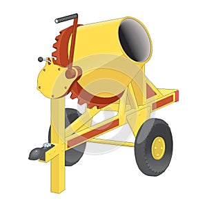 Yellow concrete mixer in cartoon style flat design on white background. Cement-mixer with tipping handle and black