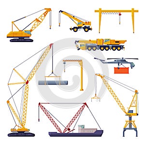 Yellow Construction and Cargo Cranes Collection, Heavy Transportation Service Vehicles and Industrial Elevating