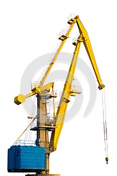 Yellow construction crane isolated on white background