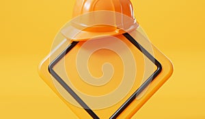 Yellow construction hard hat on a blank building site sign. 3D Rendering