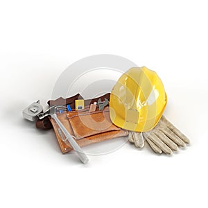 Yellow construction hard hat and tool bag on a white background.