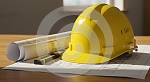 Yellow Construction Helmet on Architectural Blueprints