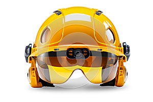 Yellow Construction Helmet With Attached Safety Glasses Isolated on White Background