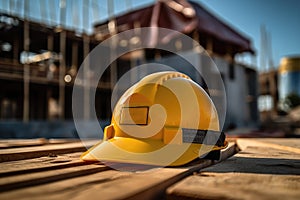 Yellow construction helmet on the background of a house under construction. Generative AI technology