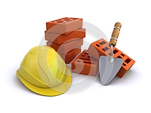 Construction helmet with bricks and trowel