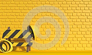 Yellow construction helmet and Closed barrier sign is on a background of a yellow brick wall. Monochrome illustration with copy sp