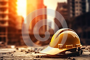 Yellow construction helmet on urban background. Safety concept for workers. Copy space.