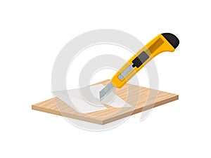 Yellow construction knife cuts paper. Vector illustration on white background.