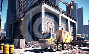 Yellow construction machine. Building construction. Real estate. Construction business