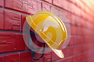 yellow construction safety helmet on red brick wall background