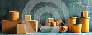 Yellow containers and packaging materials on a rustic table