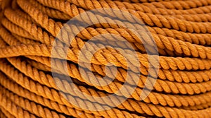 Yellow cord background close-up photo. Braided rope texture. Ship rock climbing tackle. Natural material woven cordage