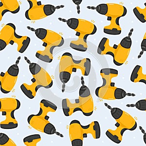Yellow cordless power drill tools seamless pattern