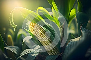 Yellow corn cob in corn field green stalk leaves. Corn as a dish of thanksgiving for the harvest, a picture on a white isolated