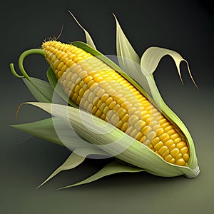 Yellow corn cob with green leaves on a solid dark background. Corn as a dish of thanksgiving for the harvest