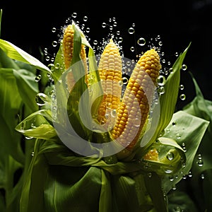 Yellow corn cobs on Green leaf around water drops, black background. Corn as a dish of thanksgiving for the harvest