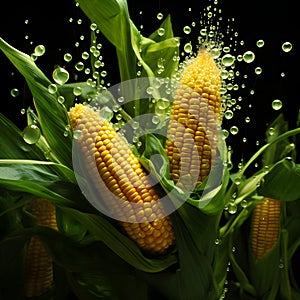 Yellow corn cobs on green plants, drops of water falling black background. Corn as a dish of thanksgiving for the harvest