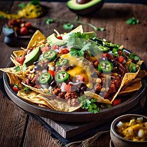 Yellow corn nacho chips decorated with ground beef, guacamole, melted cheese, pepper and cilantro leaves in a plate on a