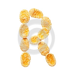 Yellow cornflakes letter R isolated on white background. Alphabet cereal flakes