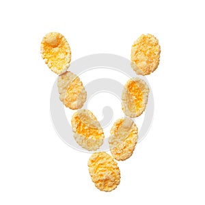 Yellow cornflakes letter V isolated on white background. Alphabet cereal flakes