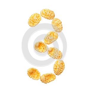 Yellow cornflakes number three 3 isolated on white background.