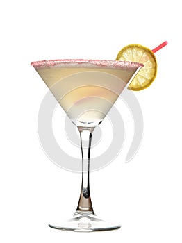 Yellow cosmopolitan cocktail decorated with citrus lemon and red straw