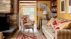 Yellow cottage sitting room, living room interior design and country house home decor, sofa and lounge furniture