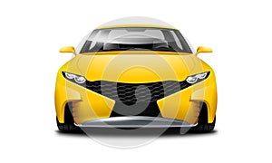 Yellow Coupe Sporty Car On White Background. Front View With Isolated Path